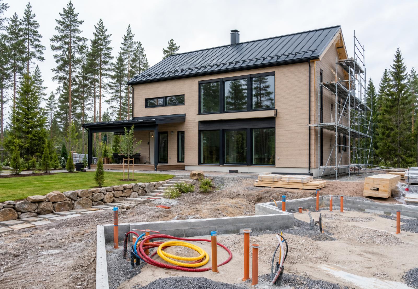 Suomalainen uudisrakennustyömaa: puuverhoiltu omakotitalo, perustustyöt sekä LVI- ja sähköputkitukset pihalla